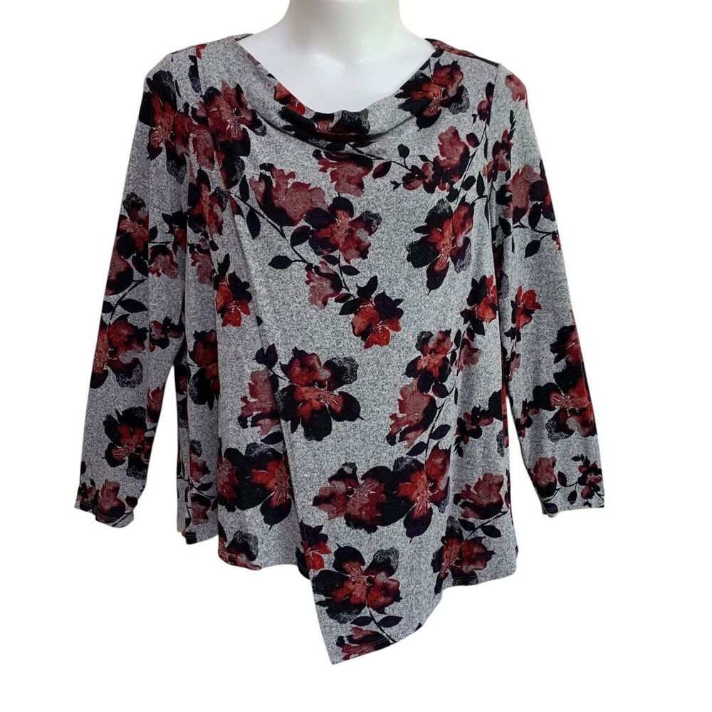 Simply Vera Wang Sweater Top Womens Size XXL Gray Pink Floral Crossover Knit
